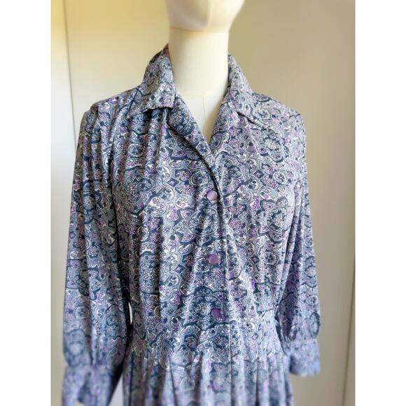 Vintage 70s Womens Dress Graphic Print Size M Gray Purple Day Dress Retro - Picture 6 of 10